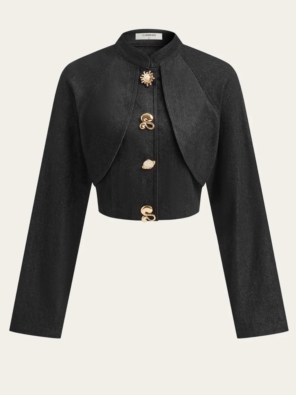 Commense Black Cropped Denim Jacket With Metal Detail
